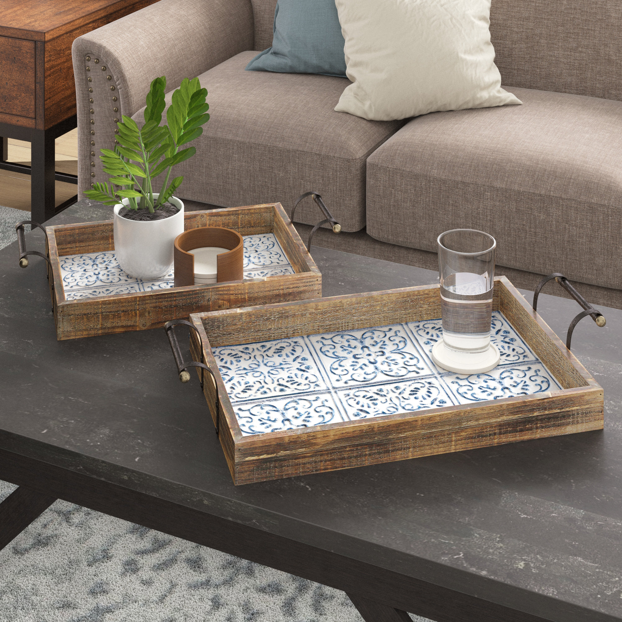 Laurel Foundry Modern Farmhouse Vanmatre 2 Piece Ottoman Coffee Table Tray Set Reviews Wayfair